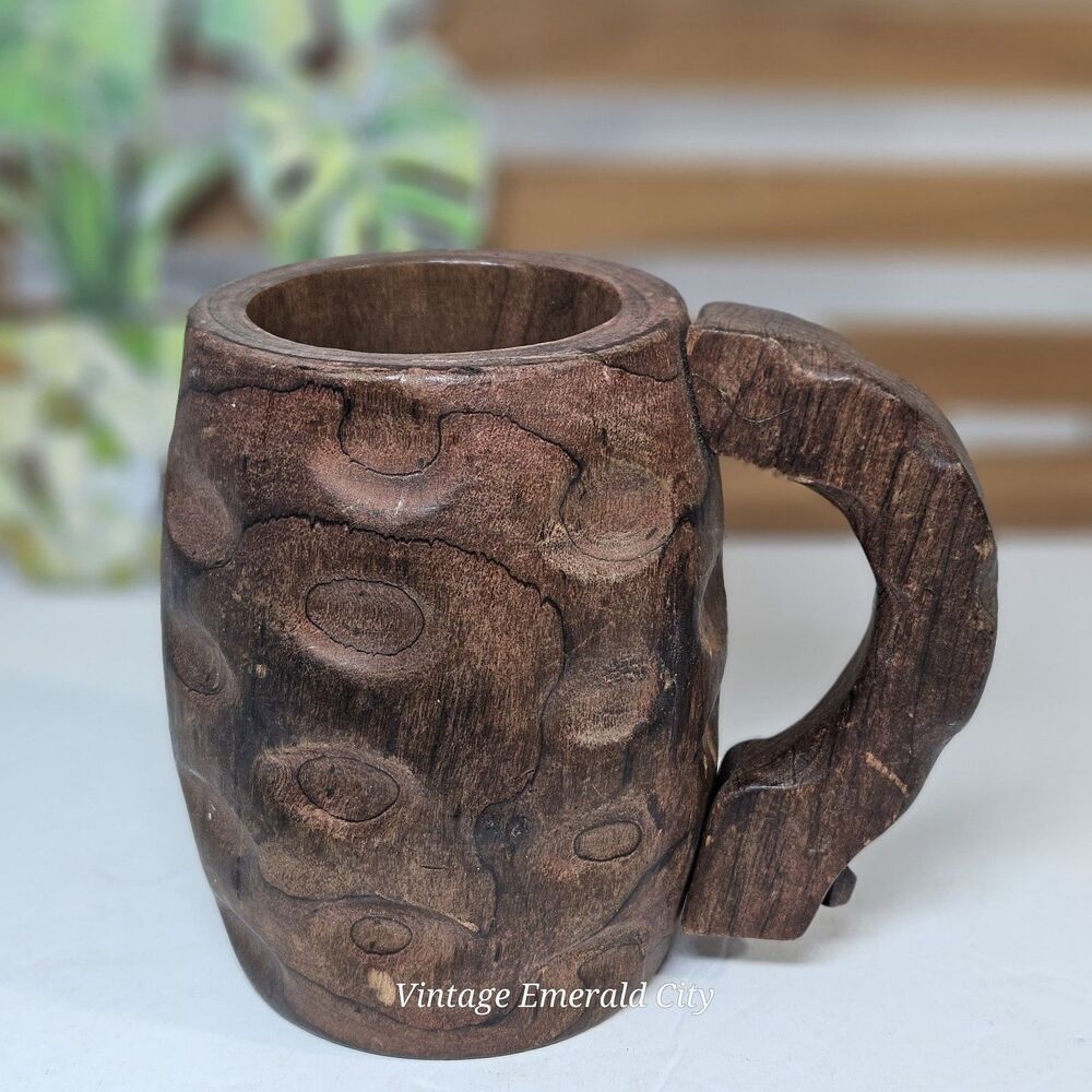 VTG Folk Art Cabin Rustic Log Mug Hand Carved Wood Beer Stein Cup Nailed Handle